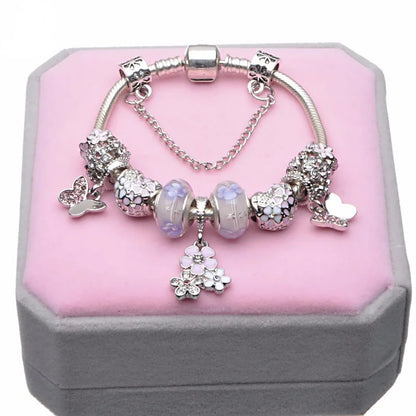 Elegant Charm Bracelet for Women – Cherry Blossom, Heart & Crystal Beads