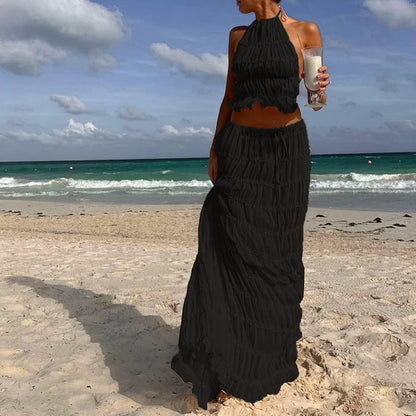 Backless Ruched Beach Set – Halter Top & Long Skirt Two-Piece Outfit