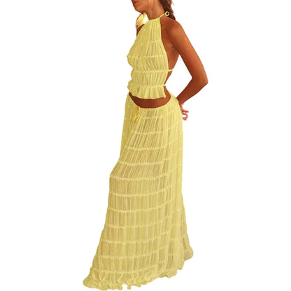 Backless Ruched Beach Set – Halter Top & Long Skirt Two-Piece Outfit