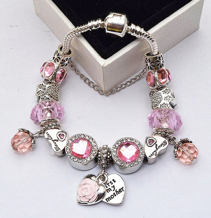 Elegant Charm Bracelet for Women – Cherry Blossom, Heart & Crystal Beads