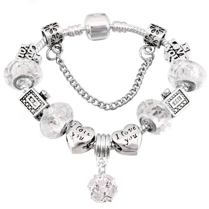 Elegant Charm Bracelet for Women – Cherry Blossom, Heart & Crystal Beads