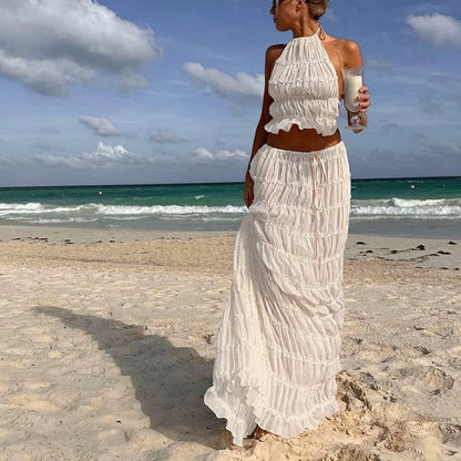 Backless Ruched Beach Set – Halter Top & Long Skirt Two-Piece Outfit