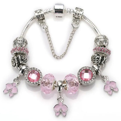 Elegant Charm Bracelet for Women – Cherry Blossom, Heart & Crystal Beads